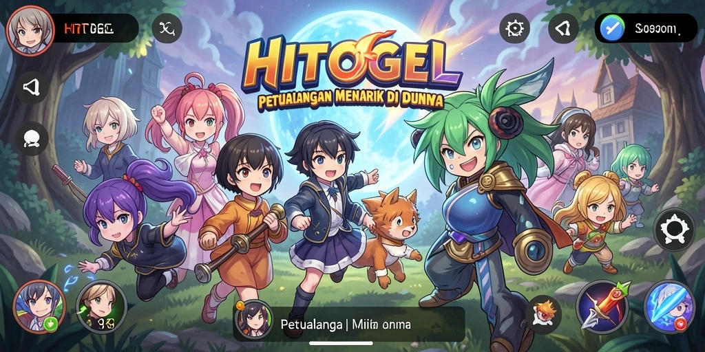 Tampilan gameplay HITOGEL dengan karakter anime yang lucu dan penuh warna.
