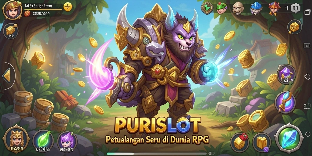 Tangkapan layar gameplay PURISLOT yang menampilkan pertempuran seru di dunia RPG.